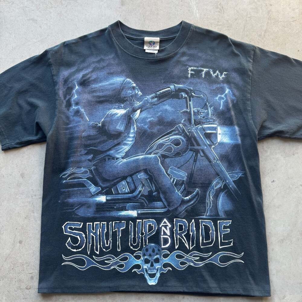 Vintage Cropped Liquid Blue Shut Up And Ride Skeleton Biker Graphic Tee - Picture 2 of 4